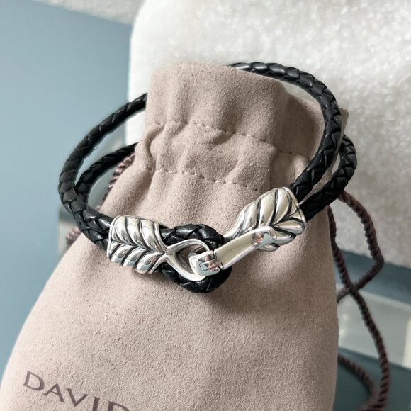 David Yurman 925 Sterling Silver Two Row Leather Bracelet Men's